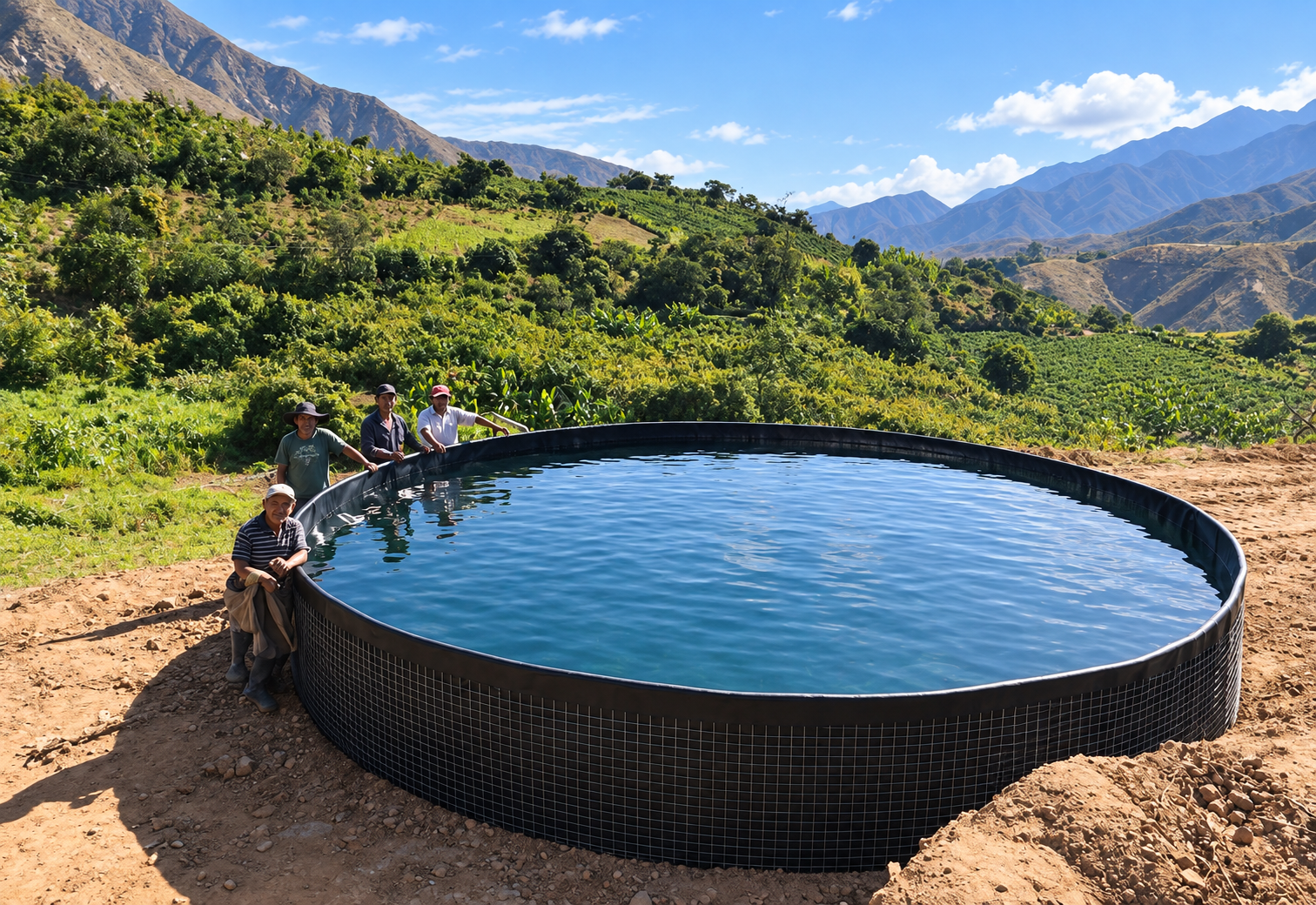 Geotanque circular instalado en una zona agrícola